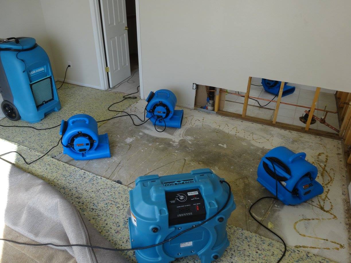 Air movers and dehumidifier drying a water-damaged room